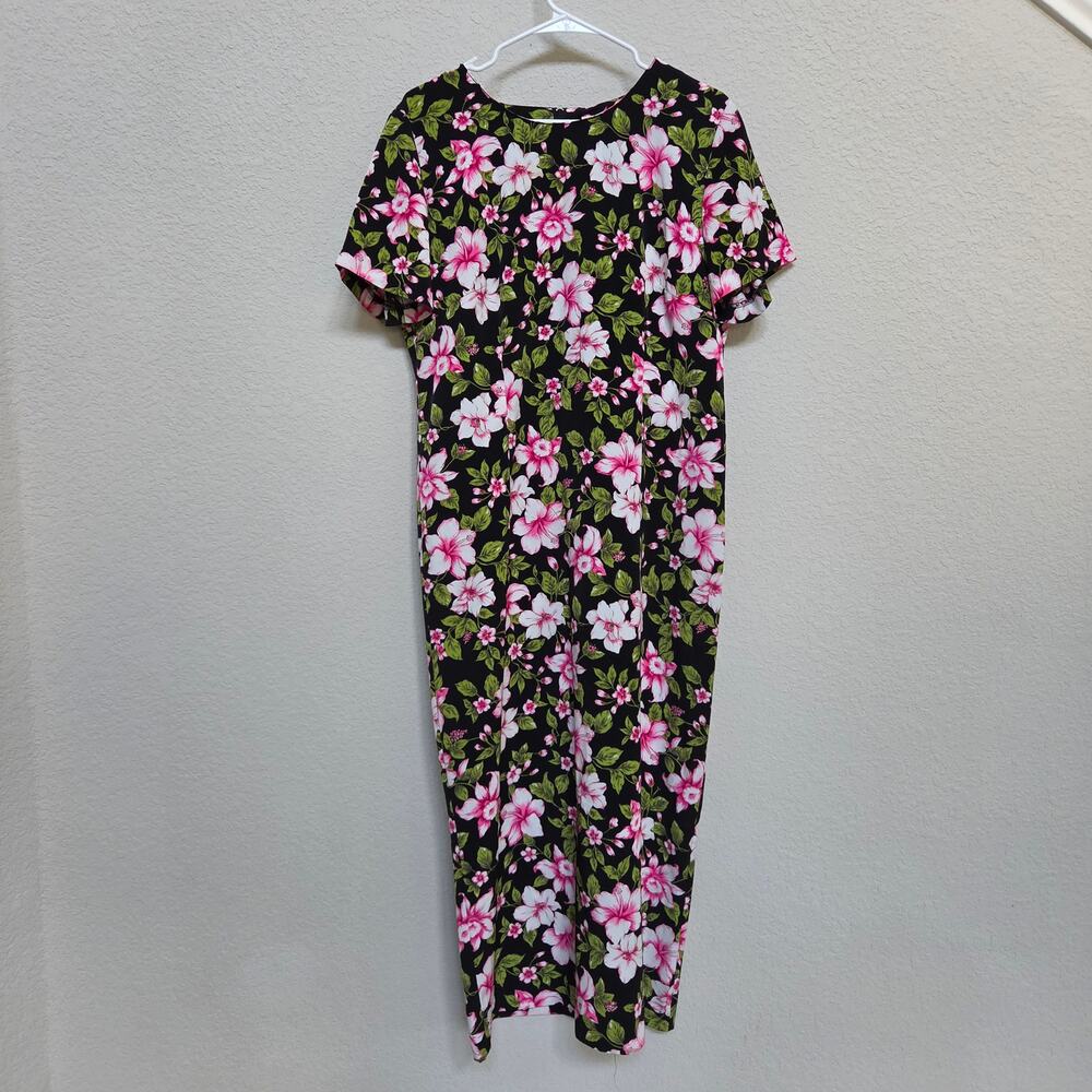 Vintage 90s Floral Dress Kathie Lee Size L Midi Long Tropical Short Sleeve